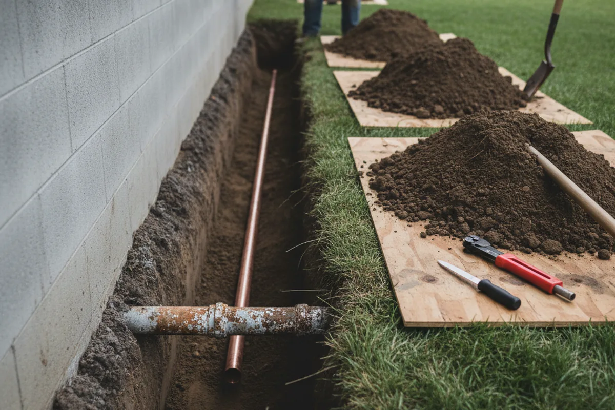 Excavated water line trench during Sewer Line Repair in Munford